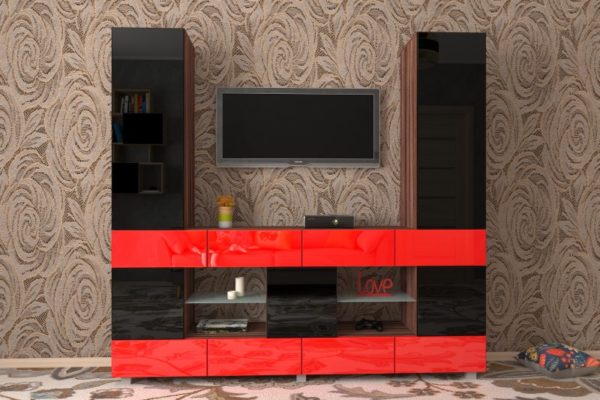 Стенка для гостиной Мебелеф-15 черный-красный глянец